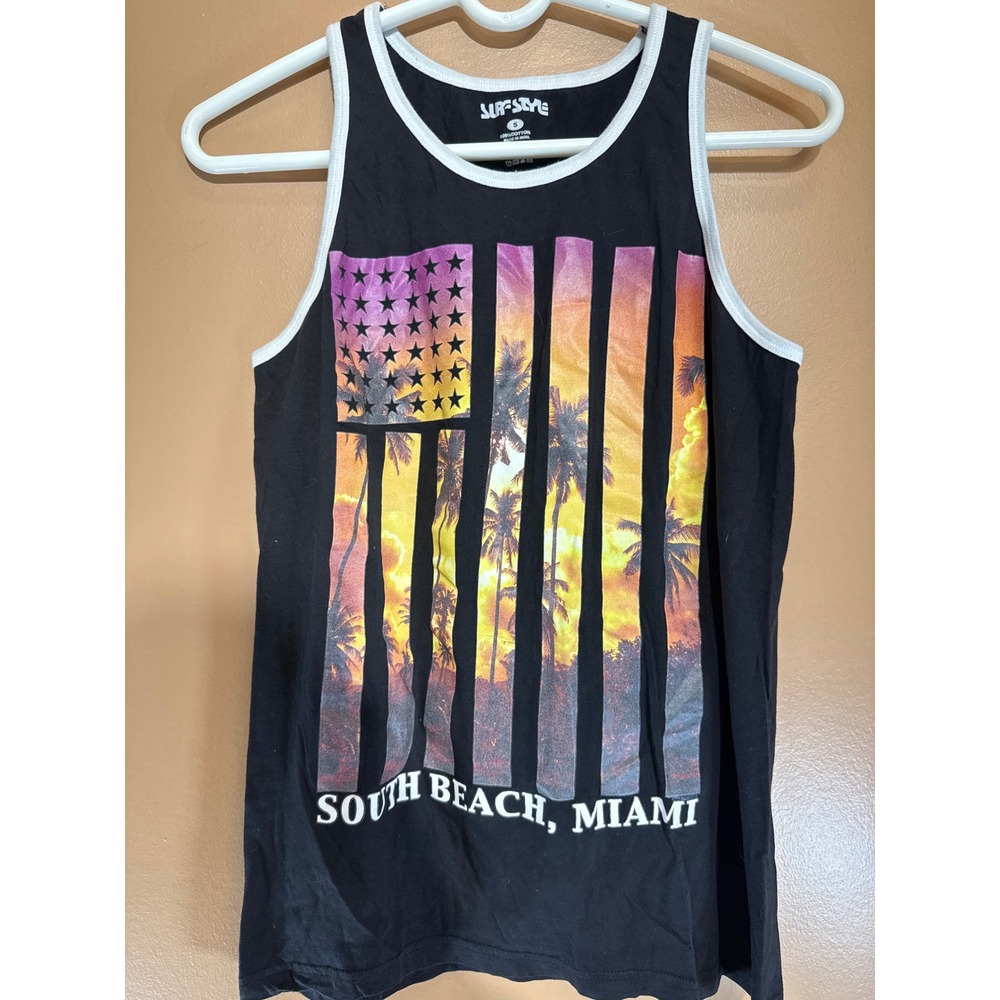 Surf Style South Beach Miami Tank Top‎ Small Black Ringer Tropical Flag Graphic